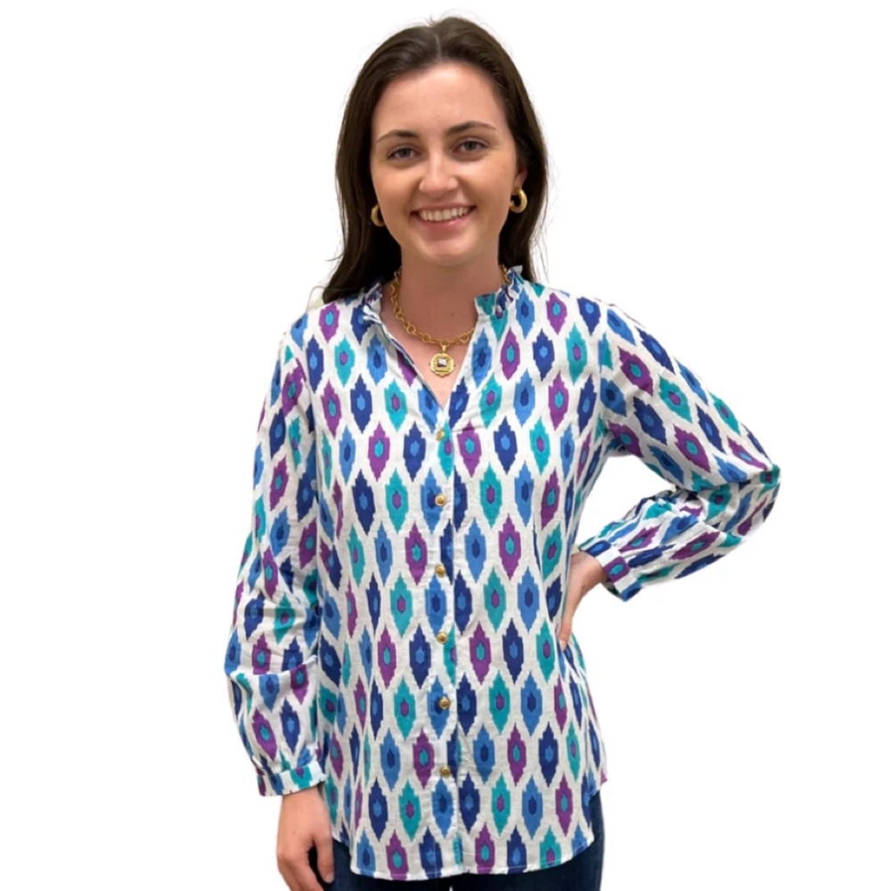 Liza Byrd Serena Cotton Button Front Top In Jewel Tone Ikat NWT (XS, S, L, XL)